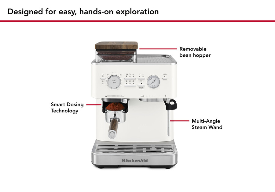 halbautomatische espressomaschine mit kegelmahlwerk und espresso-zubehörset aus walnussholz